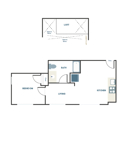 Floor plan for 1 bed, 1 bath, 422 sqft